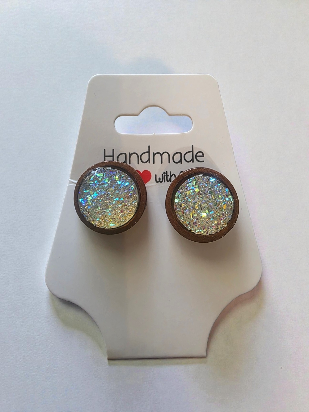 Handmade Styleandstone White Iridescent  Druzy Wood Stud Earrings